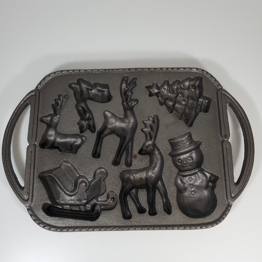 Lillian Vernon Cast Iron Pan Christmas Cookie Mold Cornbread Holiday Vintage
